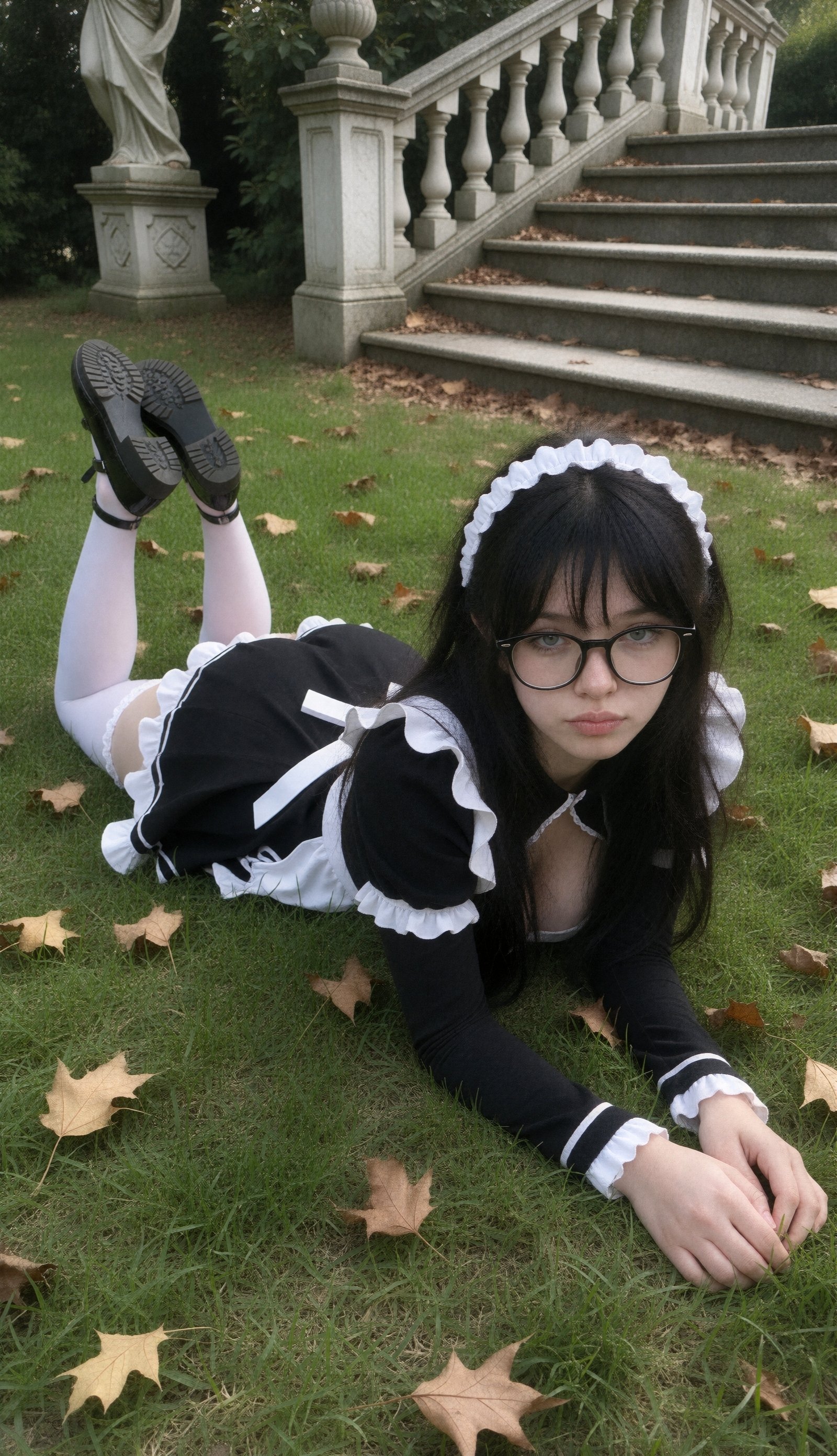 Ciel in a black and white cosplay outfit in a garden